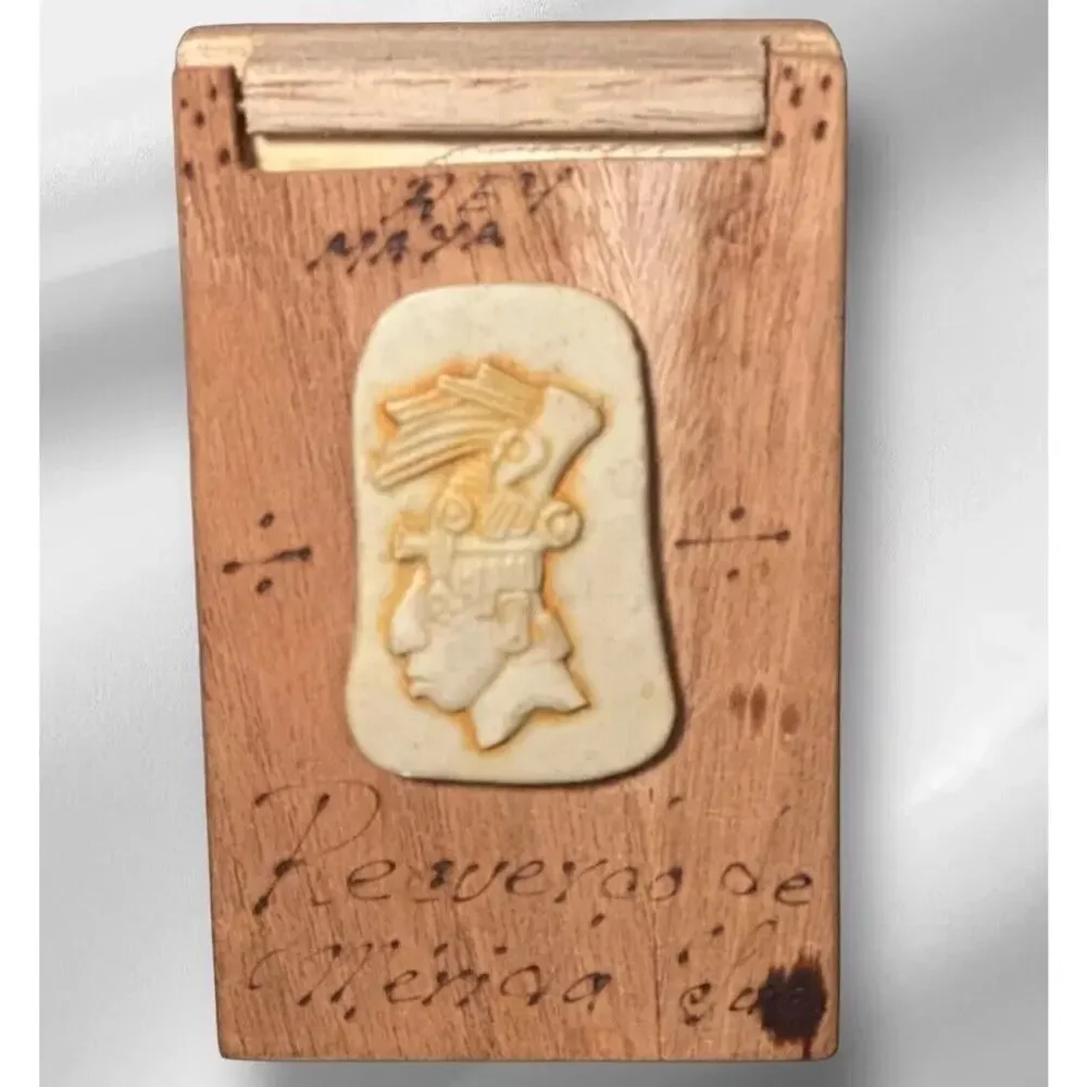 VTG Mexican Souvenir Wooden Notepad Maya Aztec Relief Head “Recuerdo de Mexico”
